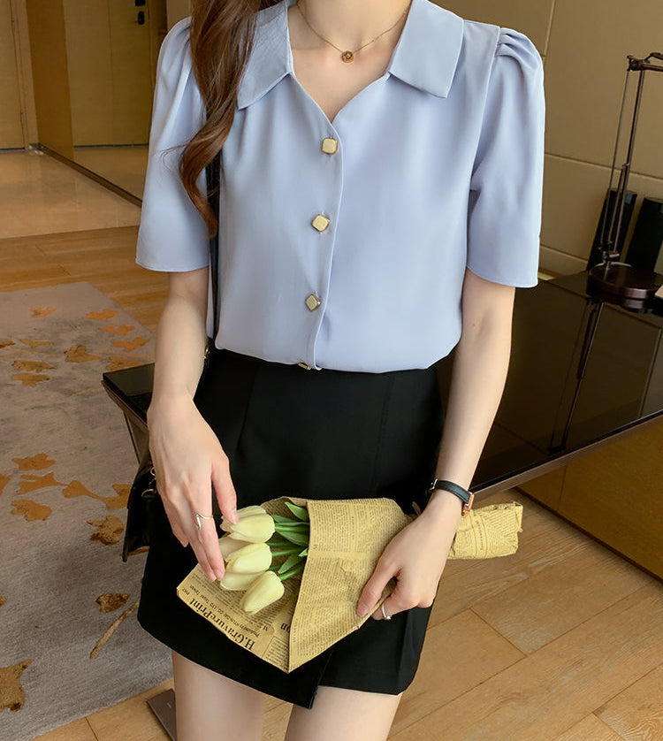 Square Button Notched Collar Blouse With Puff Sleeves