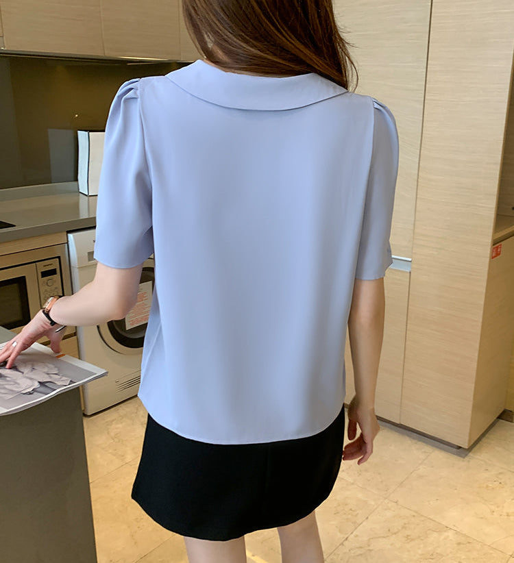 Square Button Notched Collar Blouse With Puff Sleeves