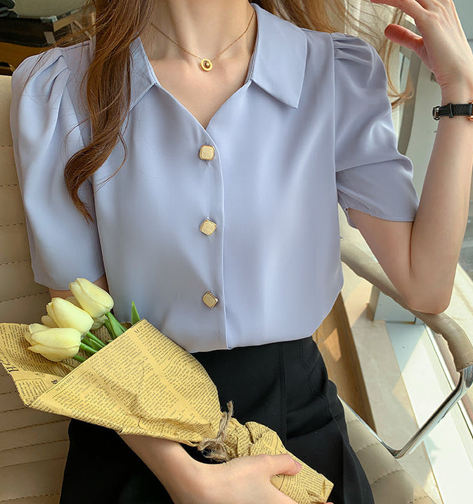 Square Button Notched Collar Blouse With Puff Sleeves