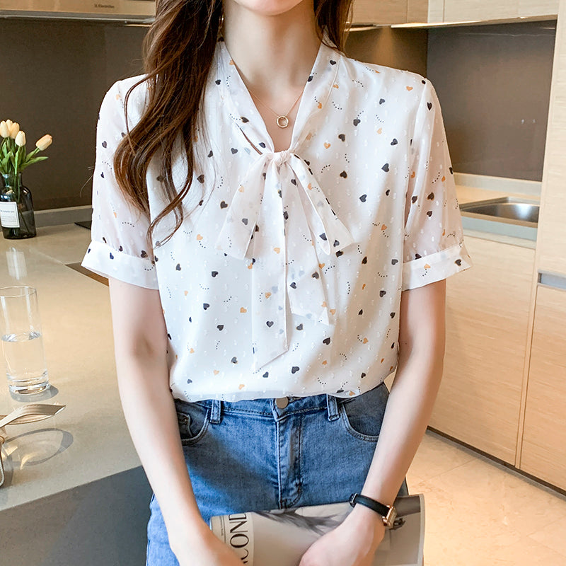 Sweetheart Print Tie-Neck Swiss Dot Blouse