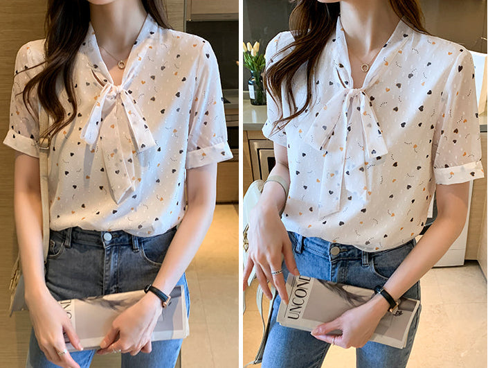 Sweetheart Print Tie-Neck Swiss Dot Blouse