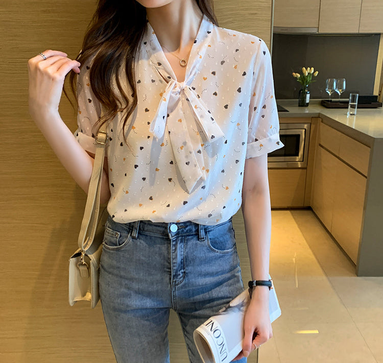 Sweetheart Print Tie-Neck Swiss Dot Blouse