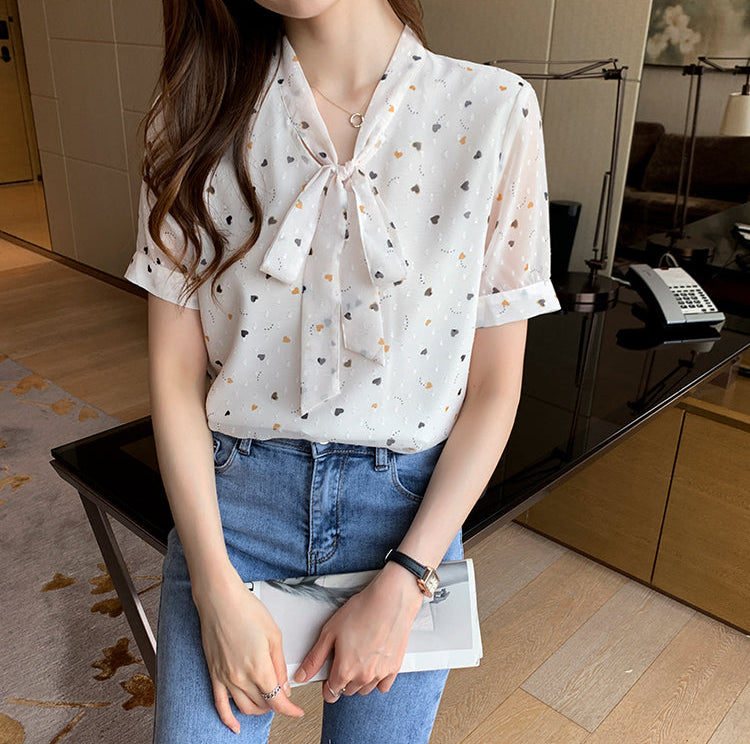 Sweetheart Print Tie-Neck Swiss Dot Blouse