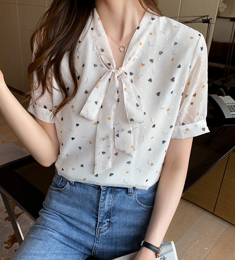 Sweetheart Print Tie-Neck Swiss Dot Blouse