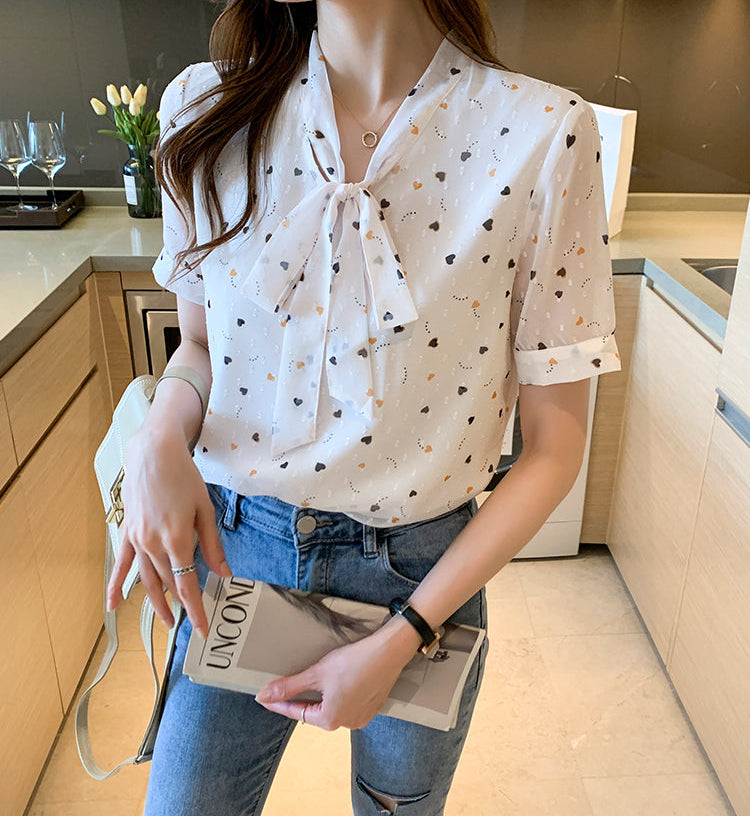 Sweetheart Print Tie-Neck Swiss Dot Blouse