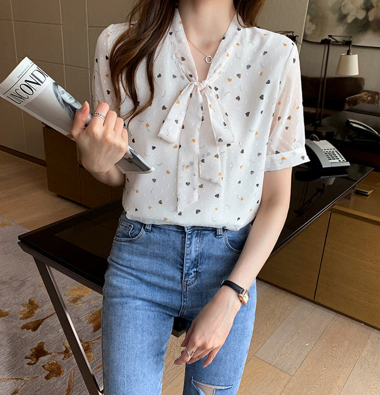 Sweetheart Print Tie-Neck Swiss Dot Blouse