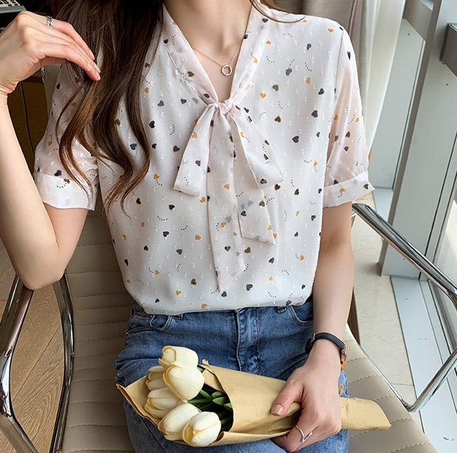 Sweetheart Print Tie-Neck Swiss Dot Blouse