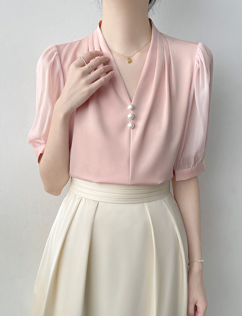 Square Button Notched Collar Blouse With Puff Sleeves