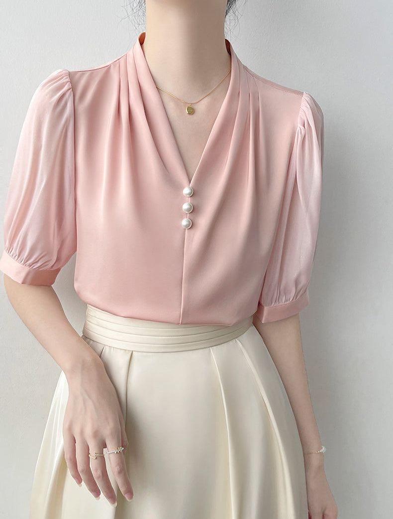 Square Button Notched Collar Blouse With Puff Sleeves