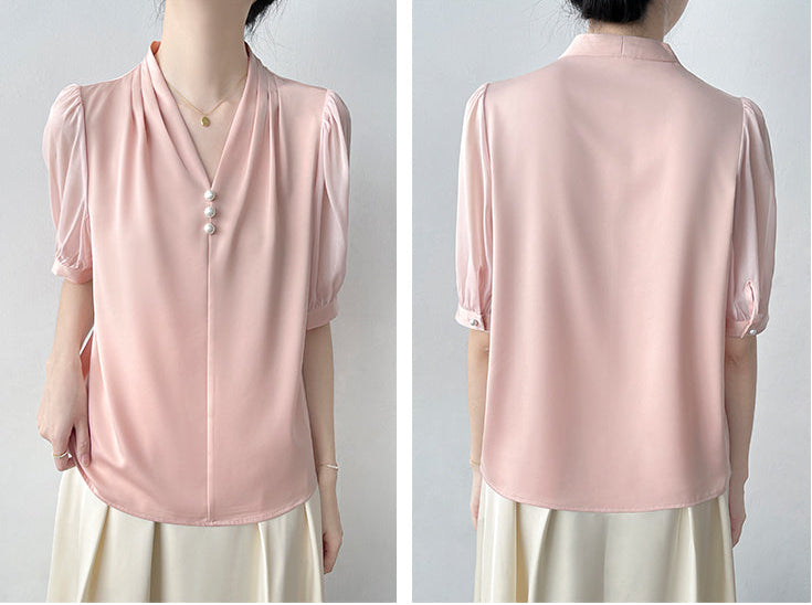Square Button Notched Collar Blouse With Puff Sleeves