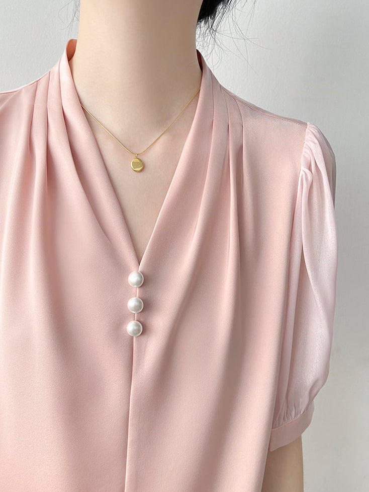 Square Button Notched Collar Blouse With Puff Sleeves