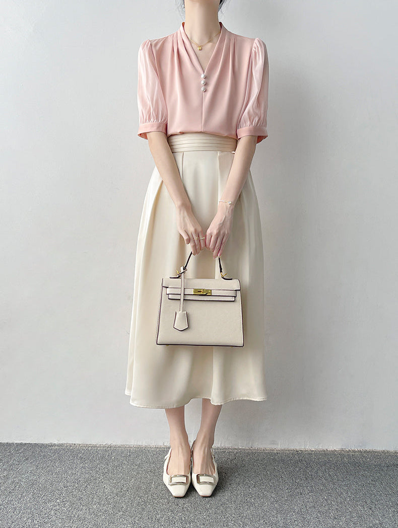 Square Button Notched Collar Blouse With Puff Sleeves