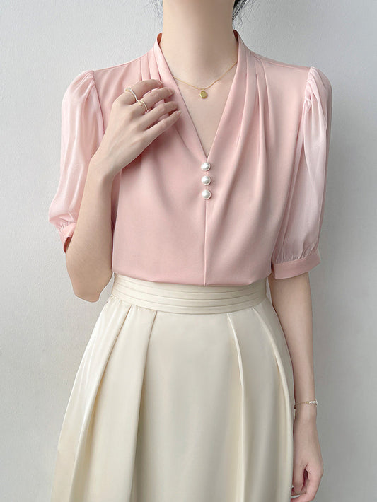 Square Button Notched Collar Blouse With Puff Sleeves