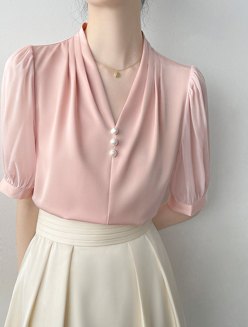 Square Button Notched Collar Blouse With Puff Sleeves
