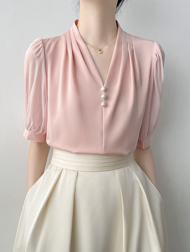 Square Button Notched Collar Blouse With Puff Sleeves