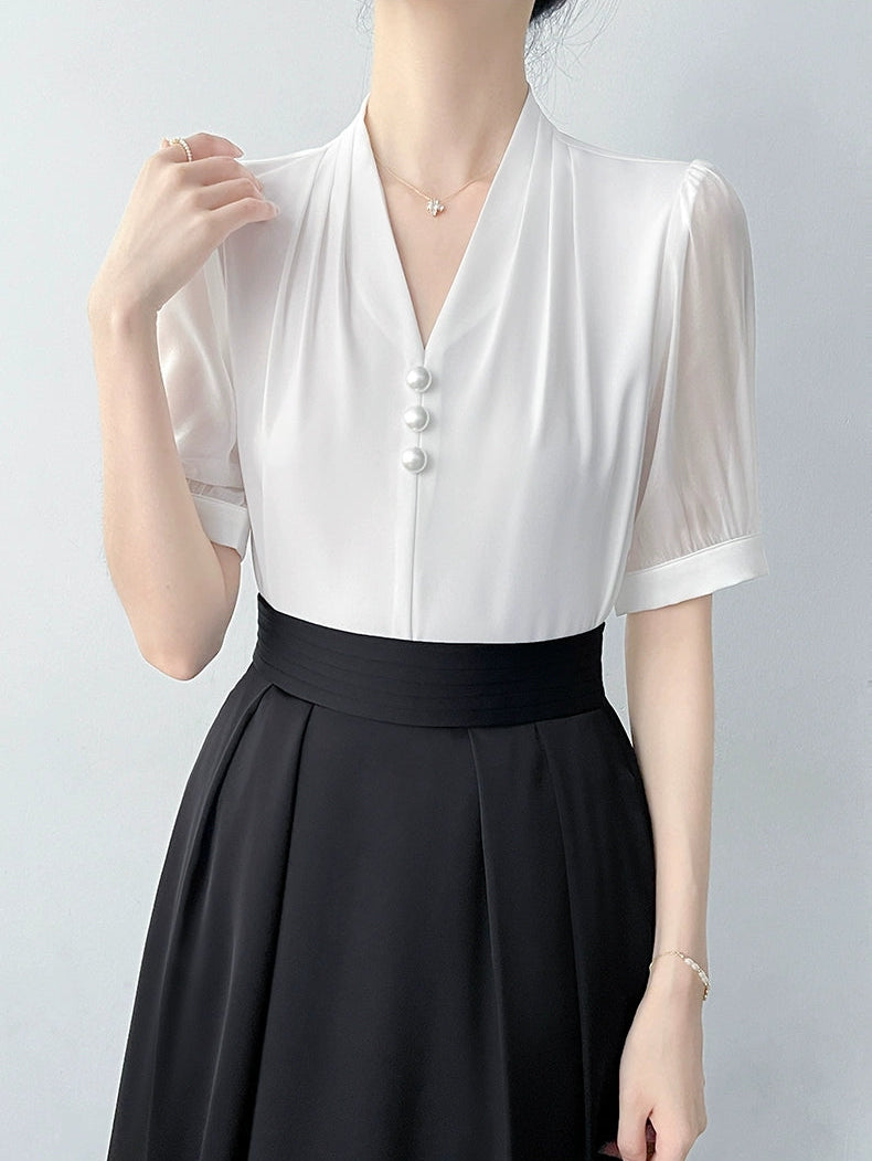 Square Button Notched Collar Blouse With Puff Sleeves
