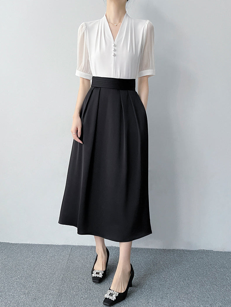 Square Button Notched Collar Blouse With Puff Sleeves