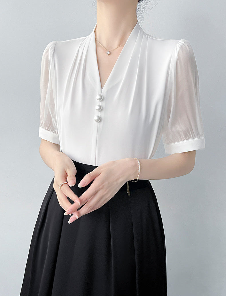 Square Button Notched Collar Blouse With Puff Sleeves