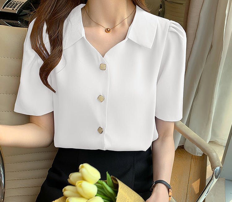 Square Button Notched Collar Blouse With Puff Sleeves