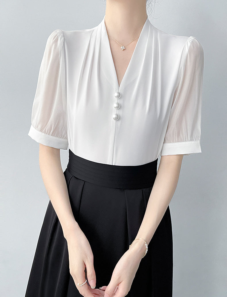 Square Button Notched Collar Blouse With Puff Sleeves