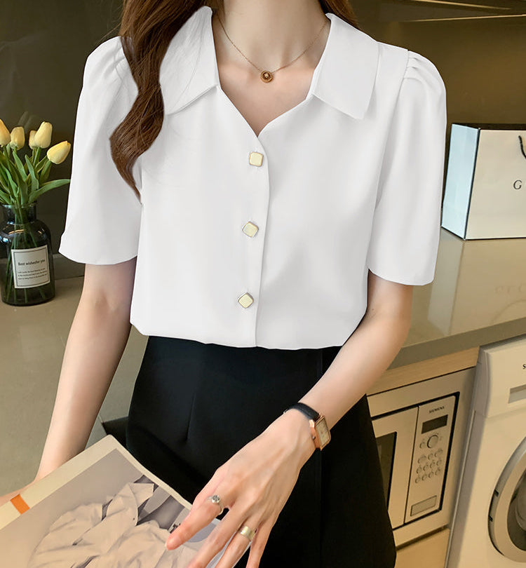 Square Button Notched Collar Blouse With Puff Sleeves