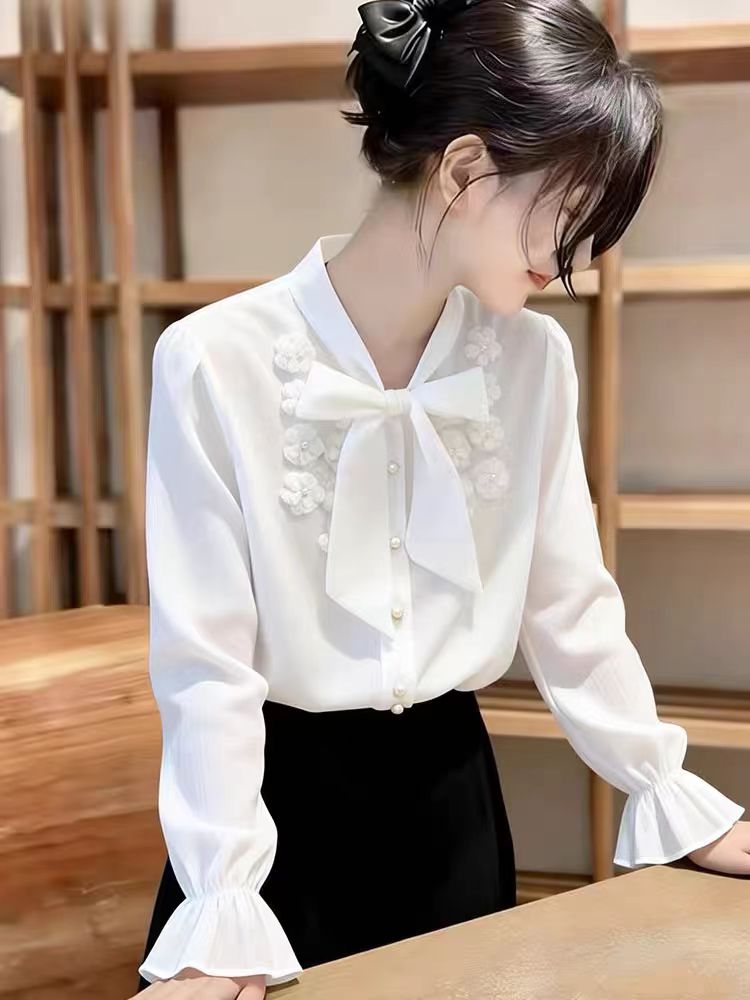 Ethereal White Ruffle-Cuff Blouse With Floral Embroidery