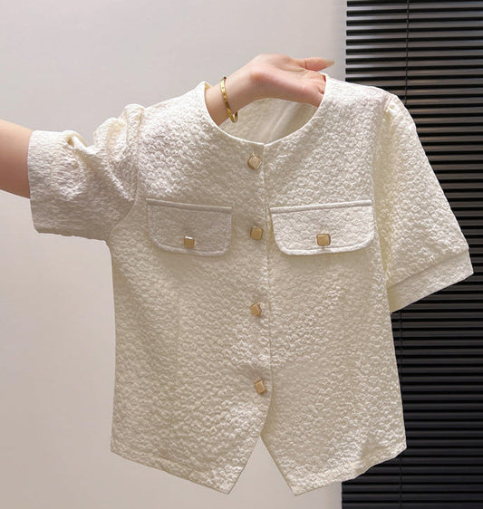 Petite Pearl-Cream Cradigan Blouse