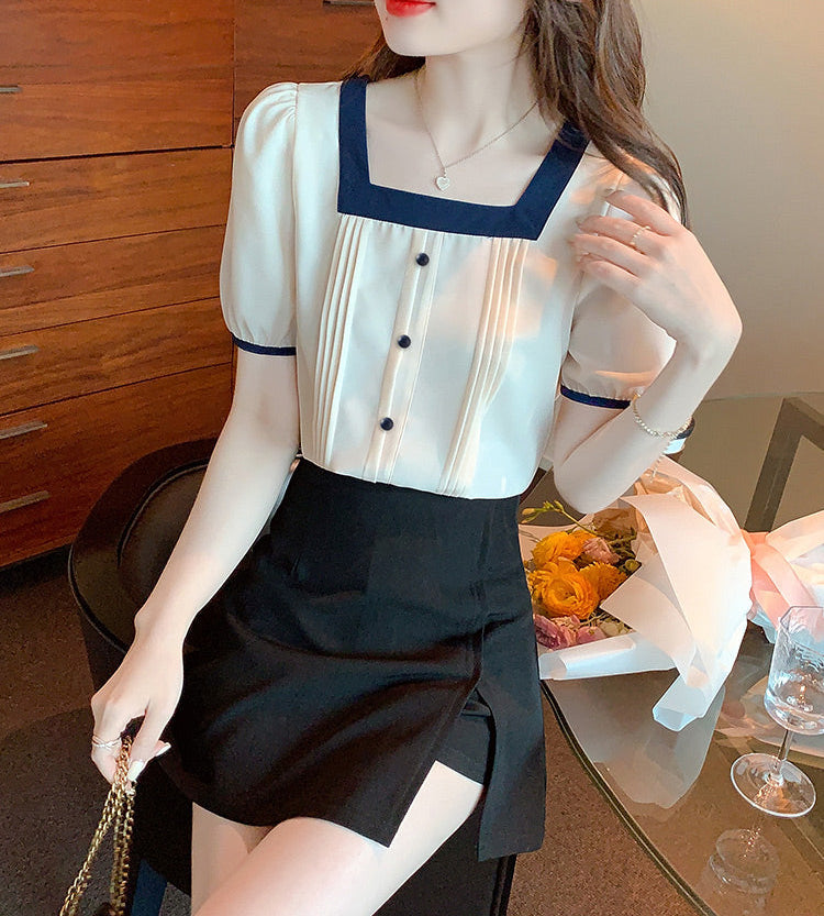 Vintage-Inspired Square Neck Button-Up Blouse With Pintuck Details