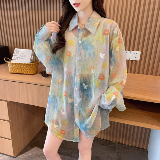 Fairycore Watercolor Shimmer Mesh Shirt Dress – Butterfly Dreams Oversized Blouse