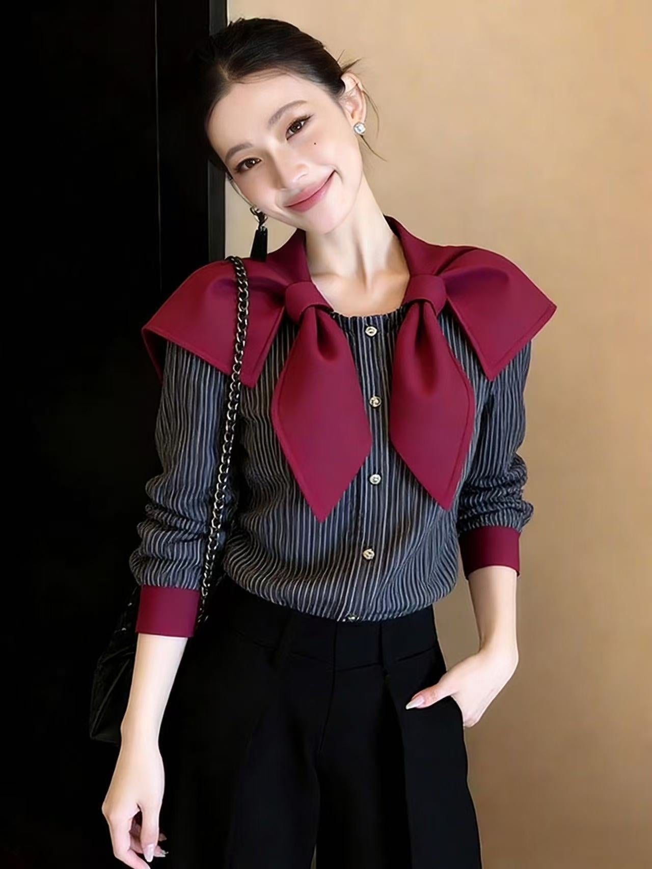 Vintage Burgundy Bow-Collar Striped Shirt