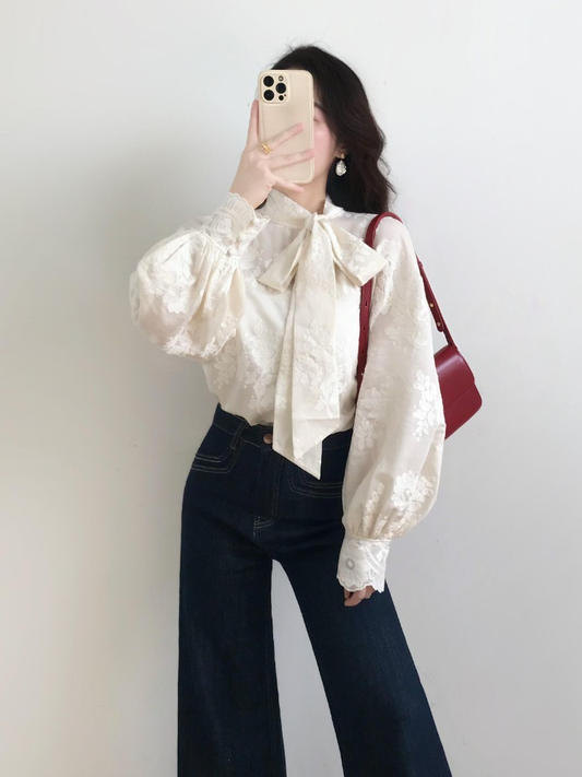 Elegant Floral Lace Tie-Neck Blouse