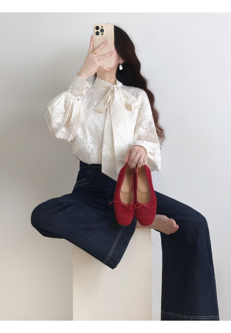 Elegant Floral Lace Tie-Neck Blouse