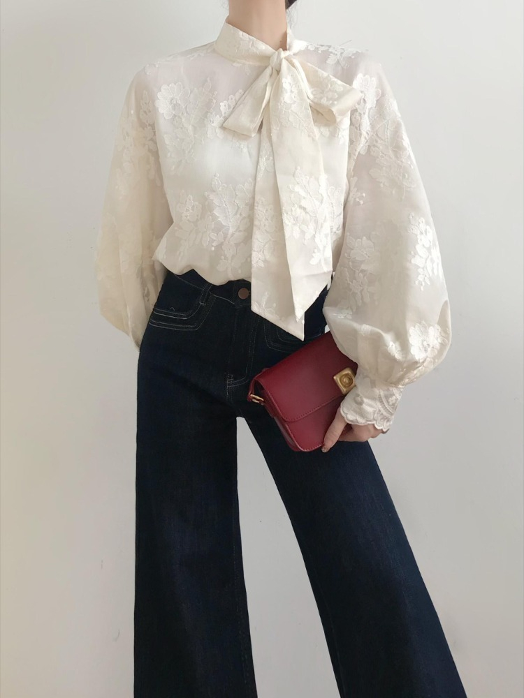 Elegant Floral Lace Tie-Neck Blouse