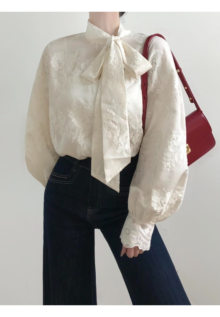 Elegant Floral Lace Tie-Neck Blouse