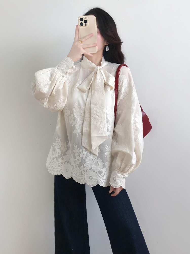 Elegant Floral Lace Tie-Neck Blouse