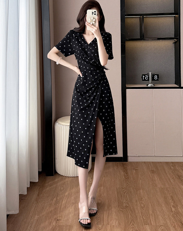 Plus Size Black Floral Print Wrap-Style Midi Dress with Side Slit