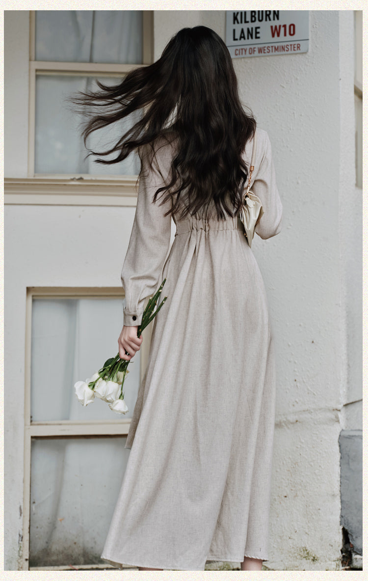 Beige Asymmetric Button-Up Maxi Dress With  Long Sleeve Linen-Look Minimalist Gown