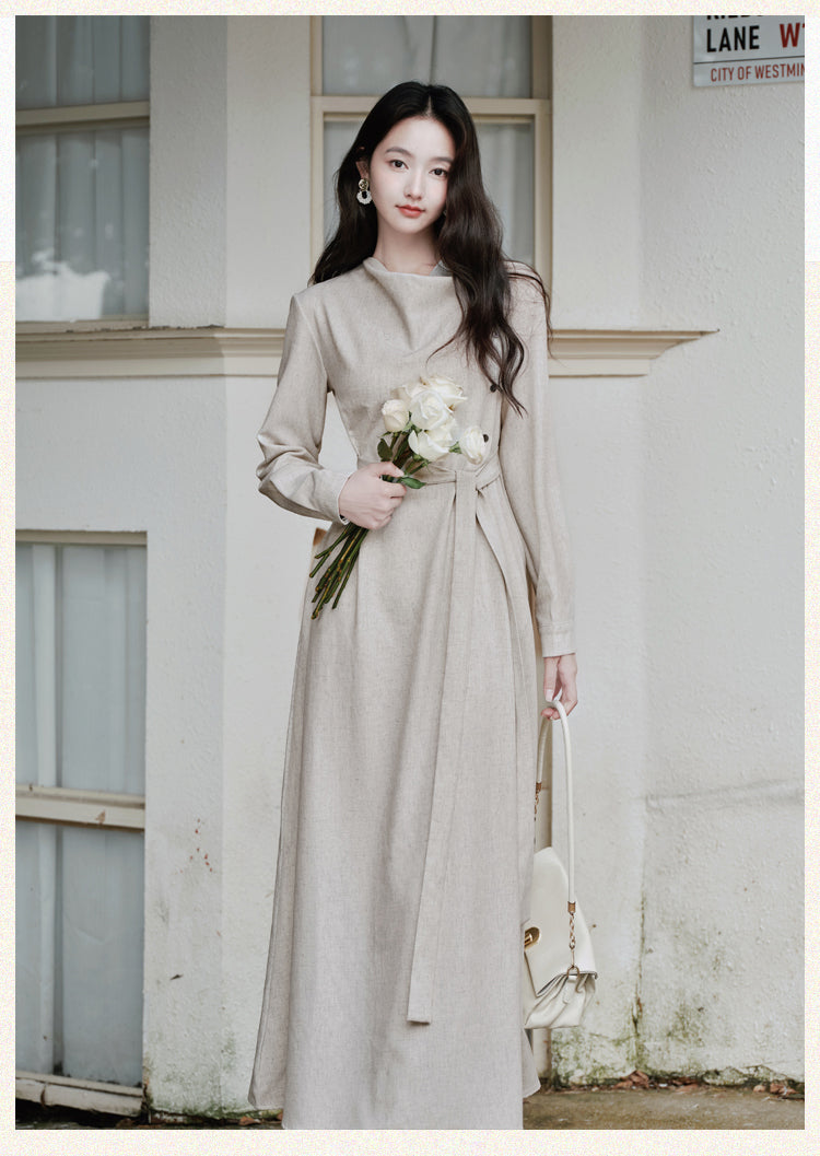 Beige Asymmetric Button-Up Maxi Dress With  Long Sleeve Linen-Look Minimalist Gown
