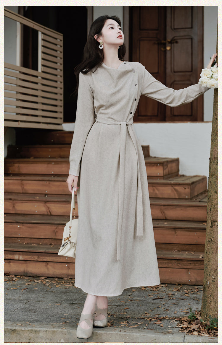 Beige Asymmetric Button-Up Maxi Dress With  Long Sleeve Linen-Look Minimalist Gown