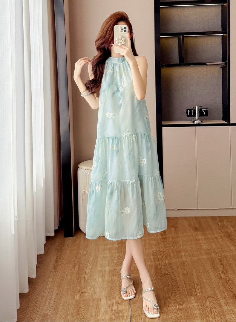 Coastal Mist Floral Tiered Trapeze Dress