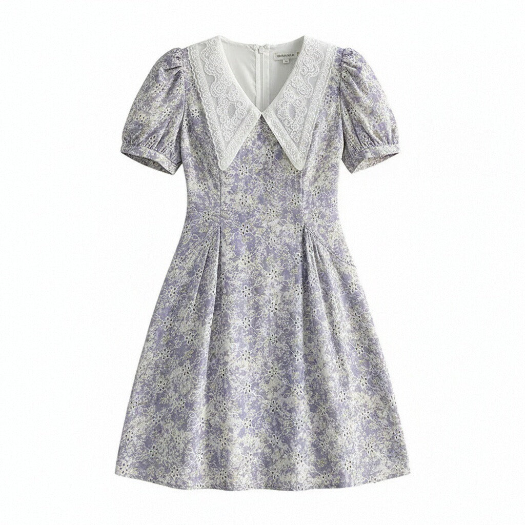 Daisy Lavender Puff Sleeve Dress with Lace Collar