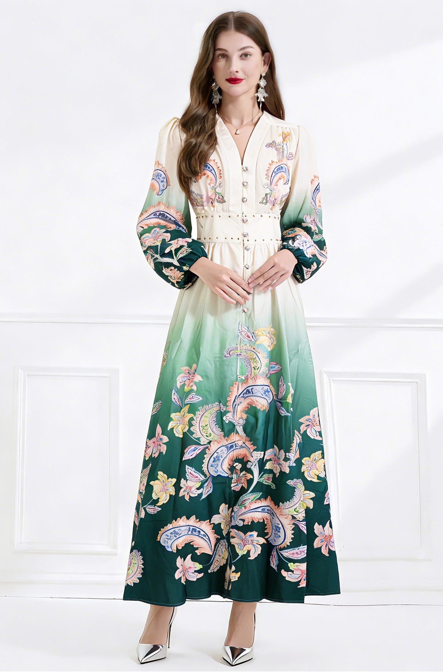 Jewel-Tone Dip-Dye Lantern Sleeve Resort Dress