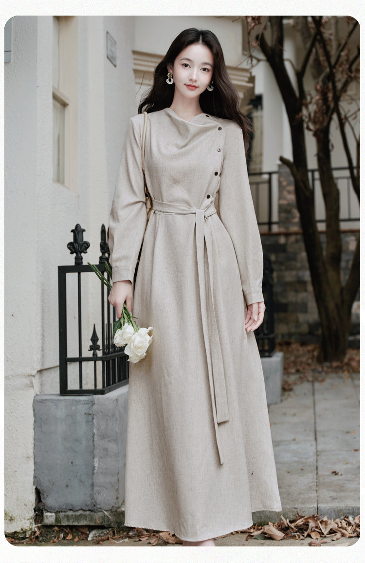 Beige Asymmetric Button-Up Maxi Dress With  Long Sleeve Linen-Look Minimalist Gown