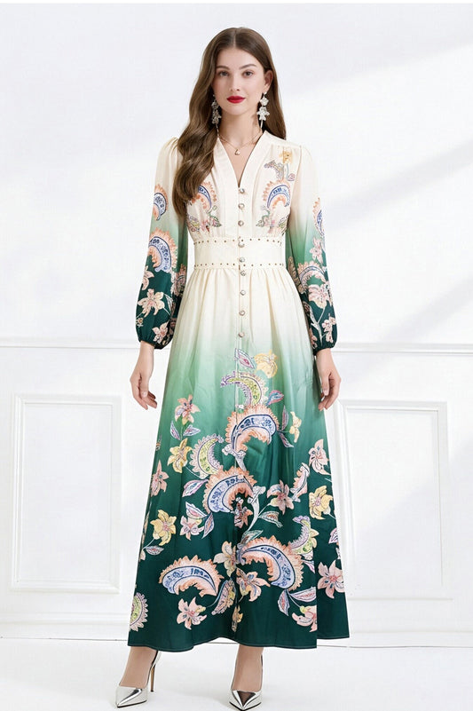 Jewel-Tone Dip-Dye Lantern Sleeve Resort Dress