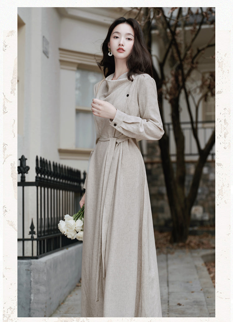 Beige Asymmetric Button-Up Maxi Dress With  Long Sleeve Linen-Look Minimalist Gown