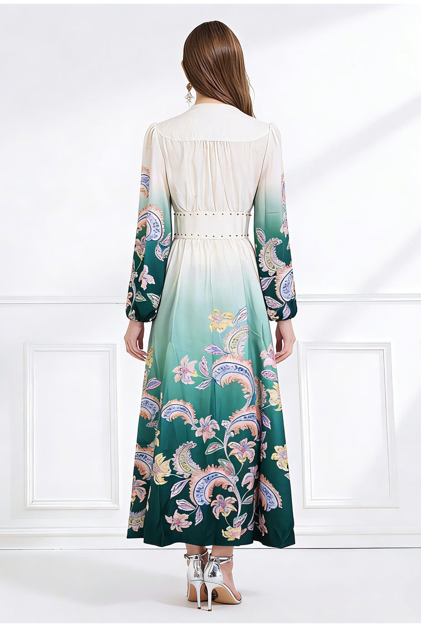 Jewel-Tone Dip-Dye Lantern Sleeve Resort Dress