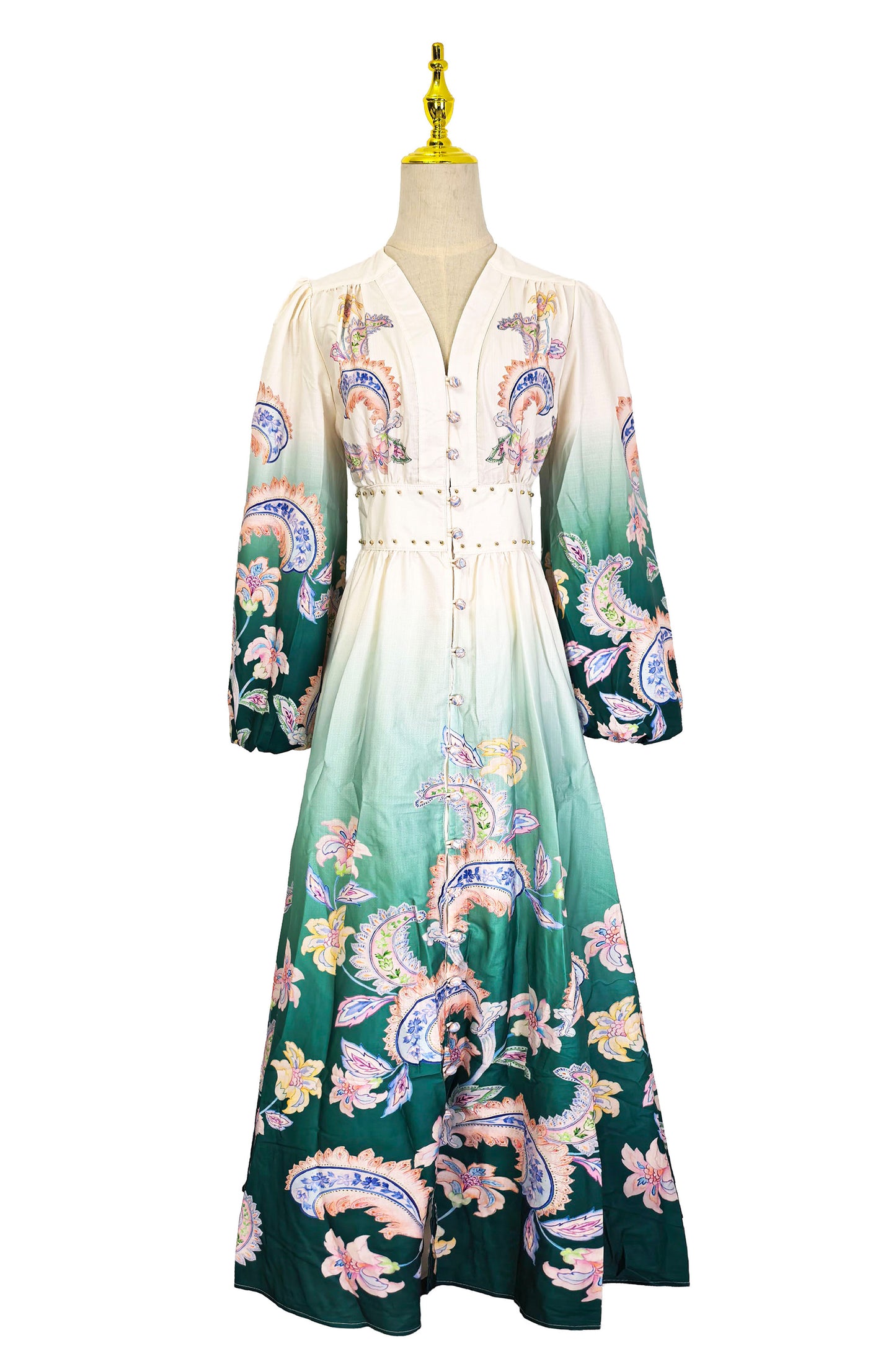 Jewel-Tone Dip-Dye Lantern Sleeve Resort Dress