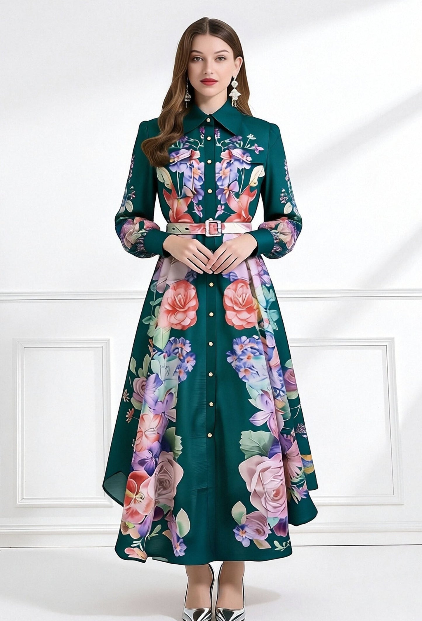 Jewel-Tone Botanical Print Gown-Tall Pointes Collar Edition