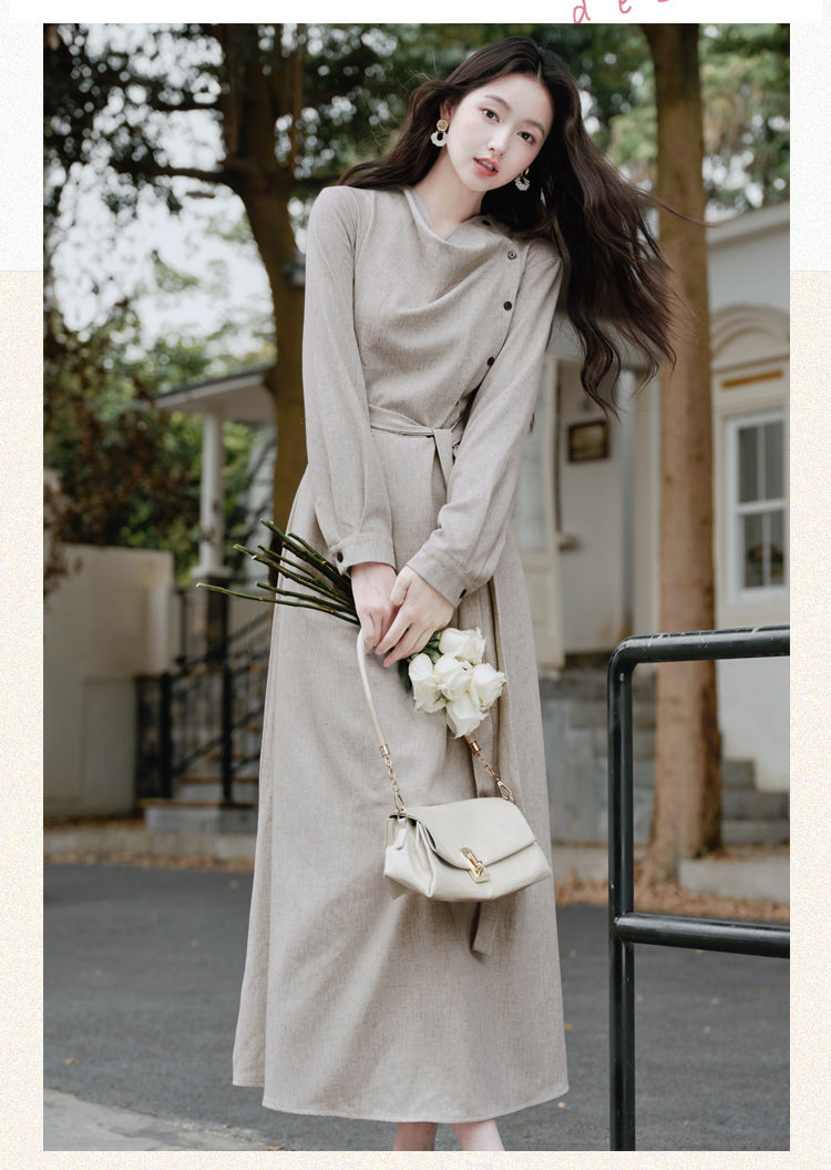 Beige Asymmetric Button-Up Maxi Dress With  Long Sleeve Linen-Look Minimalist Gown