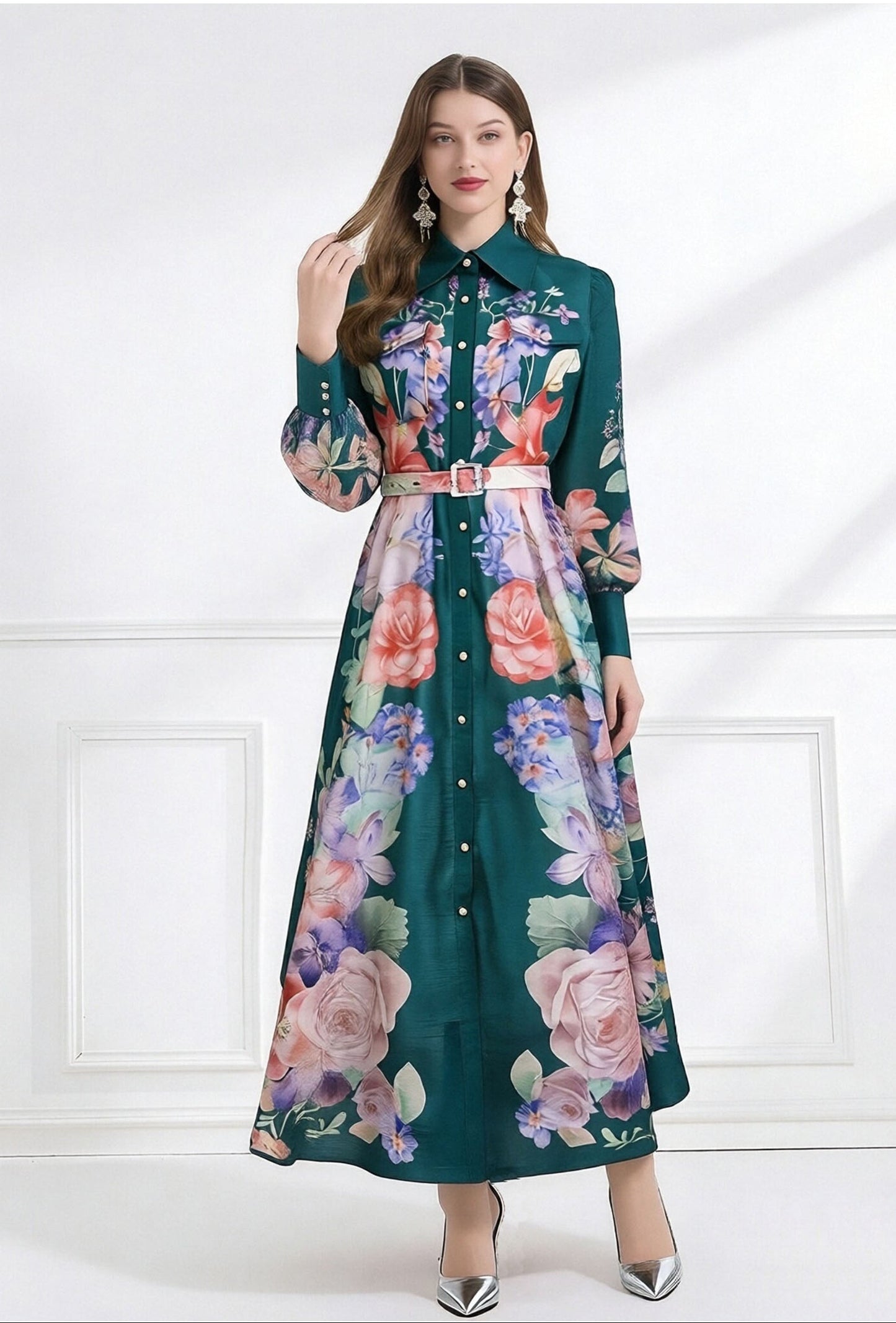 Jewel-Tone Botanical Print Gown-Tall Pointes Collar Edition